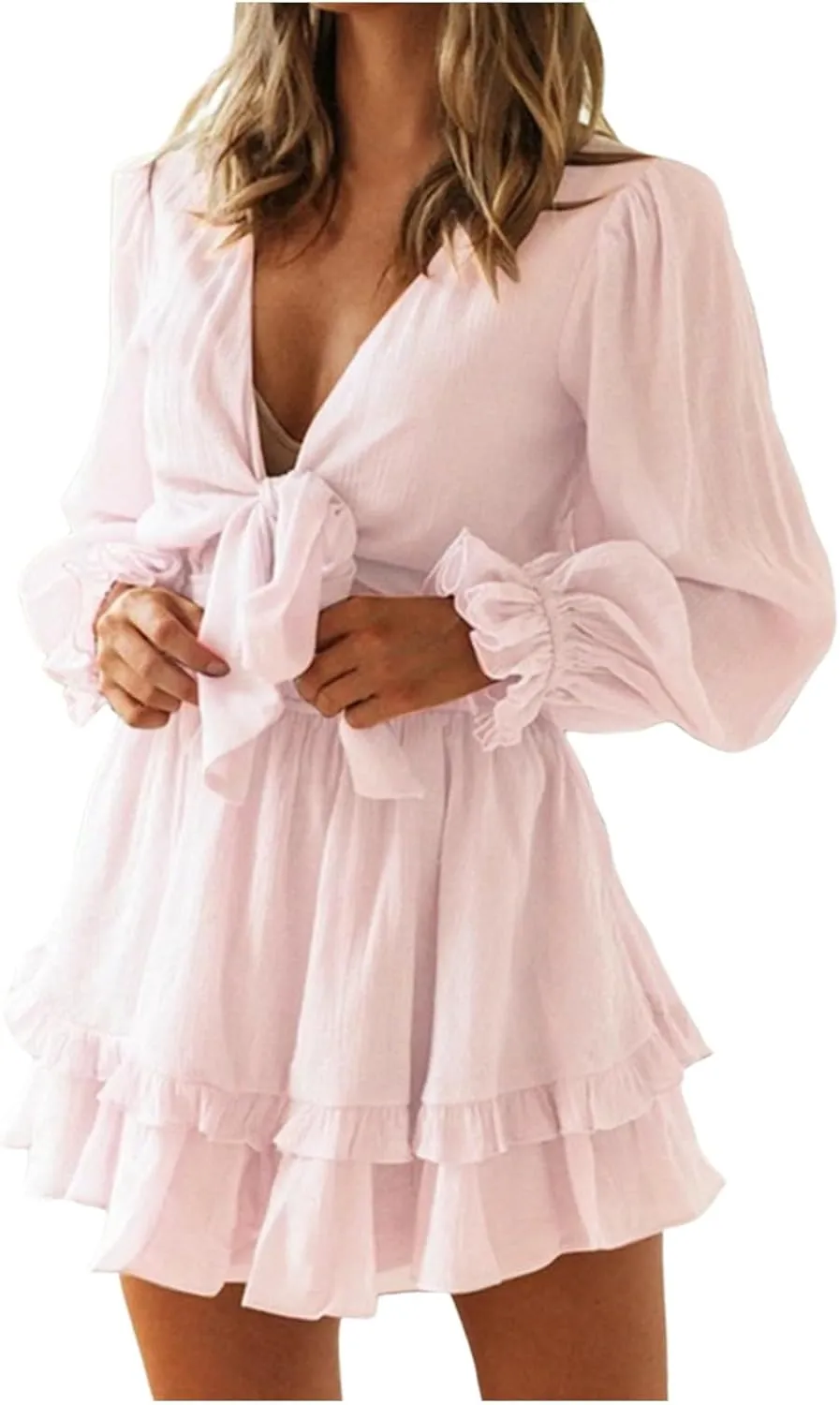 Summer Dress Womens Spring Summer Knot Front V Neck Ruffles Long Sleeve Floral Print Swing Mini Dress