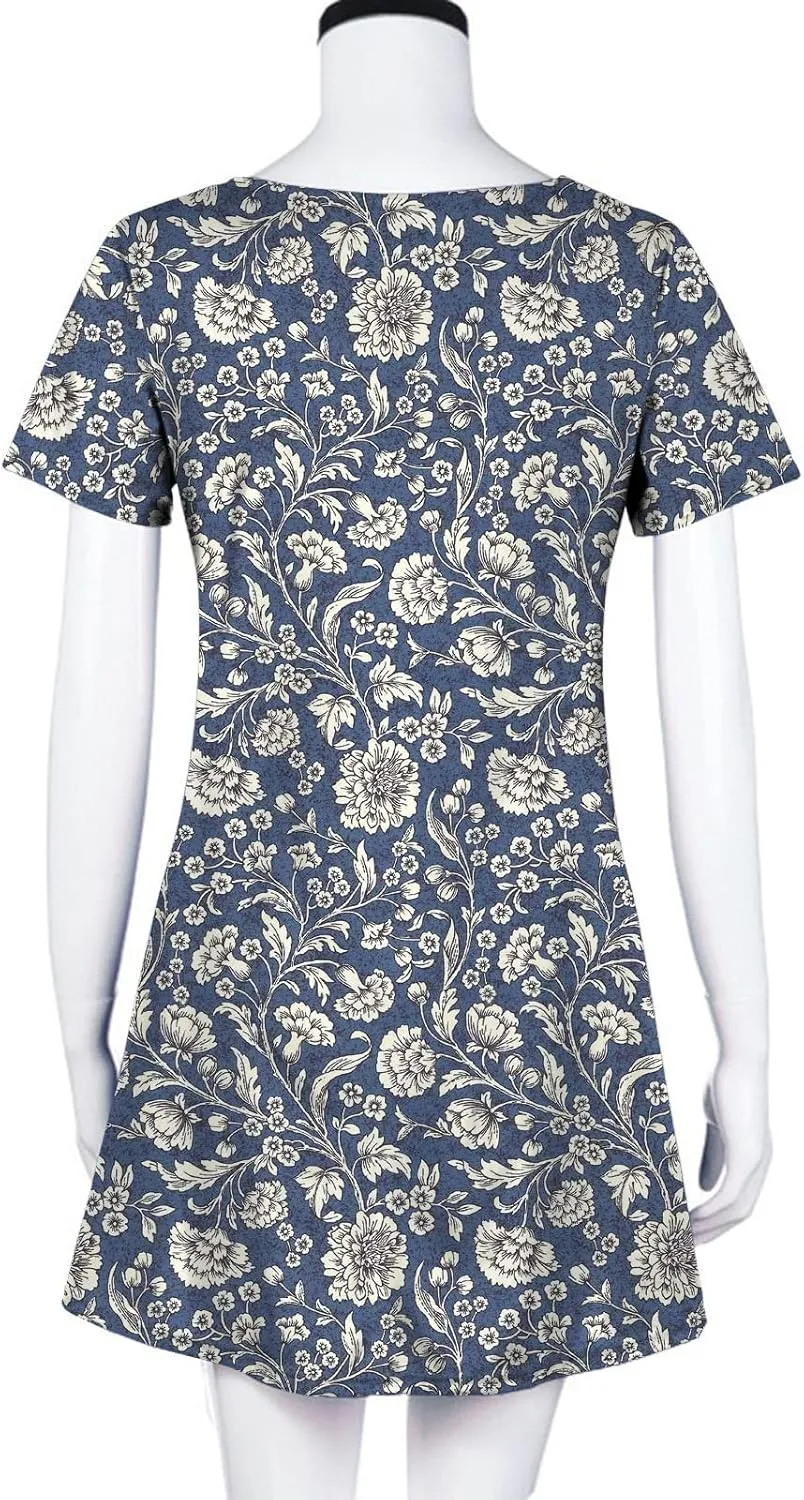 Summer Dresses for Women 2023 Casual Floral Crew Neck A-line Short Sleeve Sundresses for Beach Vacation