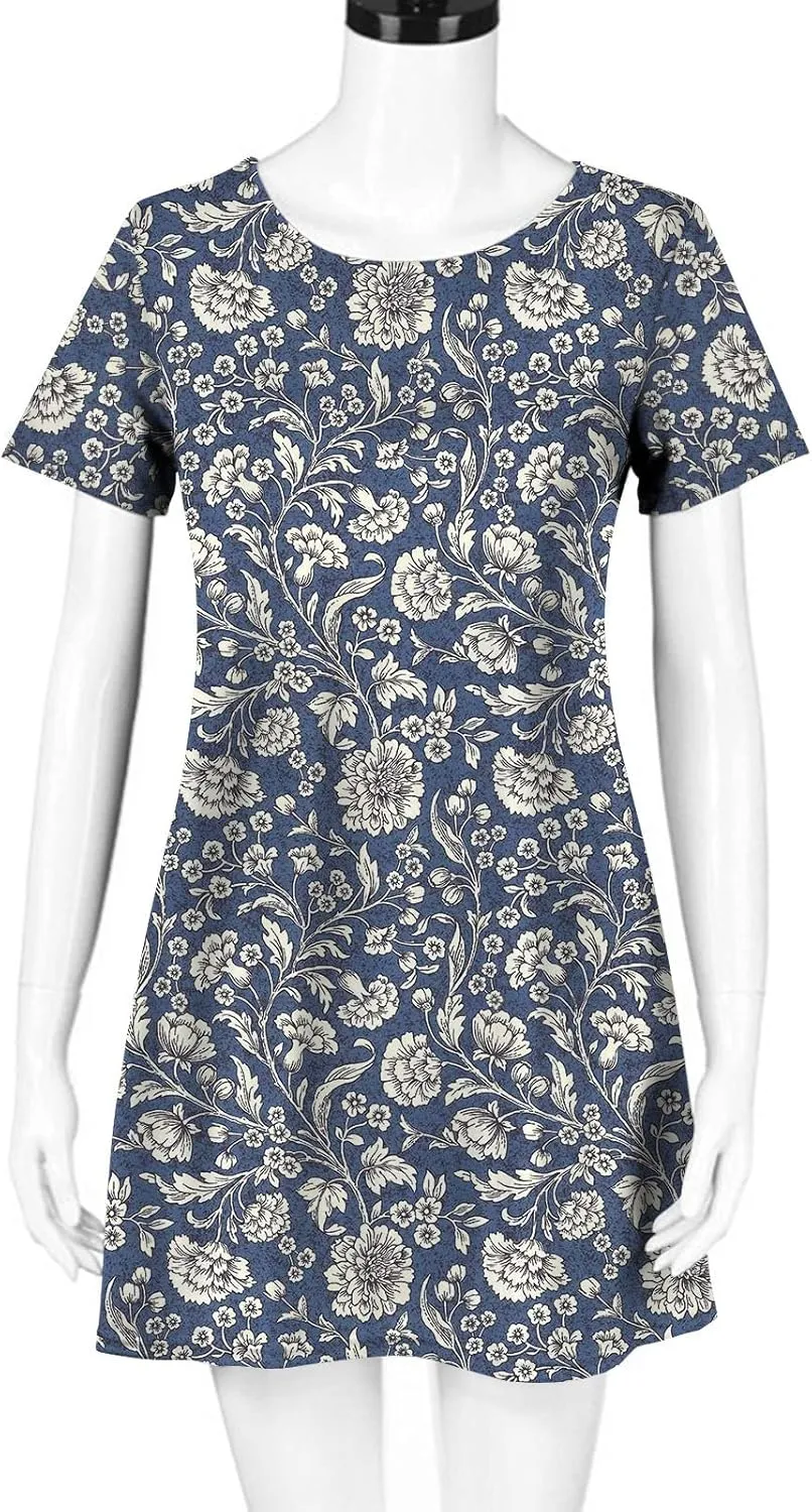Summer Dresses for Women 2023 Casual Floral Crew Neck A-line Short Sleeve Sundresses for Beach Vacation