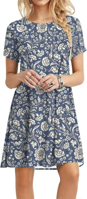 Summer Dresses for Women 2023 Casual Floral Crew Neck A-line Short Sleeve Sundresses for Beach Vacation