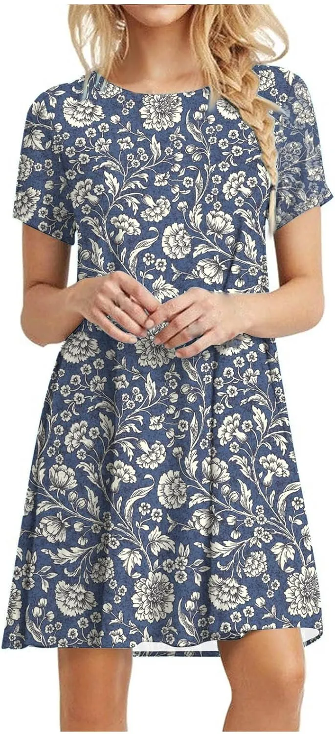 Summer Dresses for Women 2023 Casual Floral Crew Neck A-line Short Sleeve Sundresses for Beach Vacation