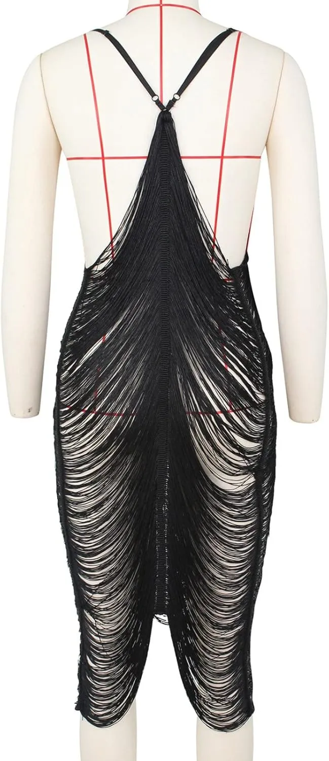Summer Dresses for Women 2024 Women's Sexy Draped Fringe Lingerie Chemise Dress Sexy Openwork Dress Tassel Party