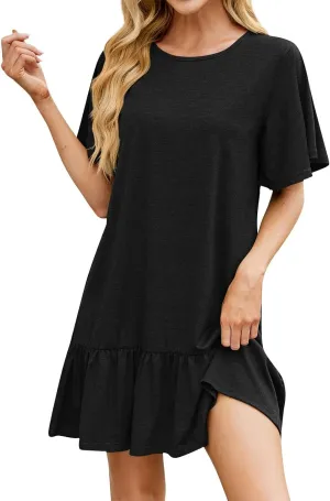 Summer Dresses for Women 2025 Short Sleeve Tshirt Dress Ruffle Hem Solid Loose Pleated Smock Mini Dresses