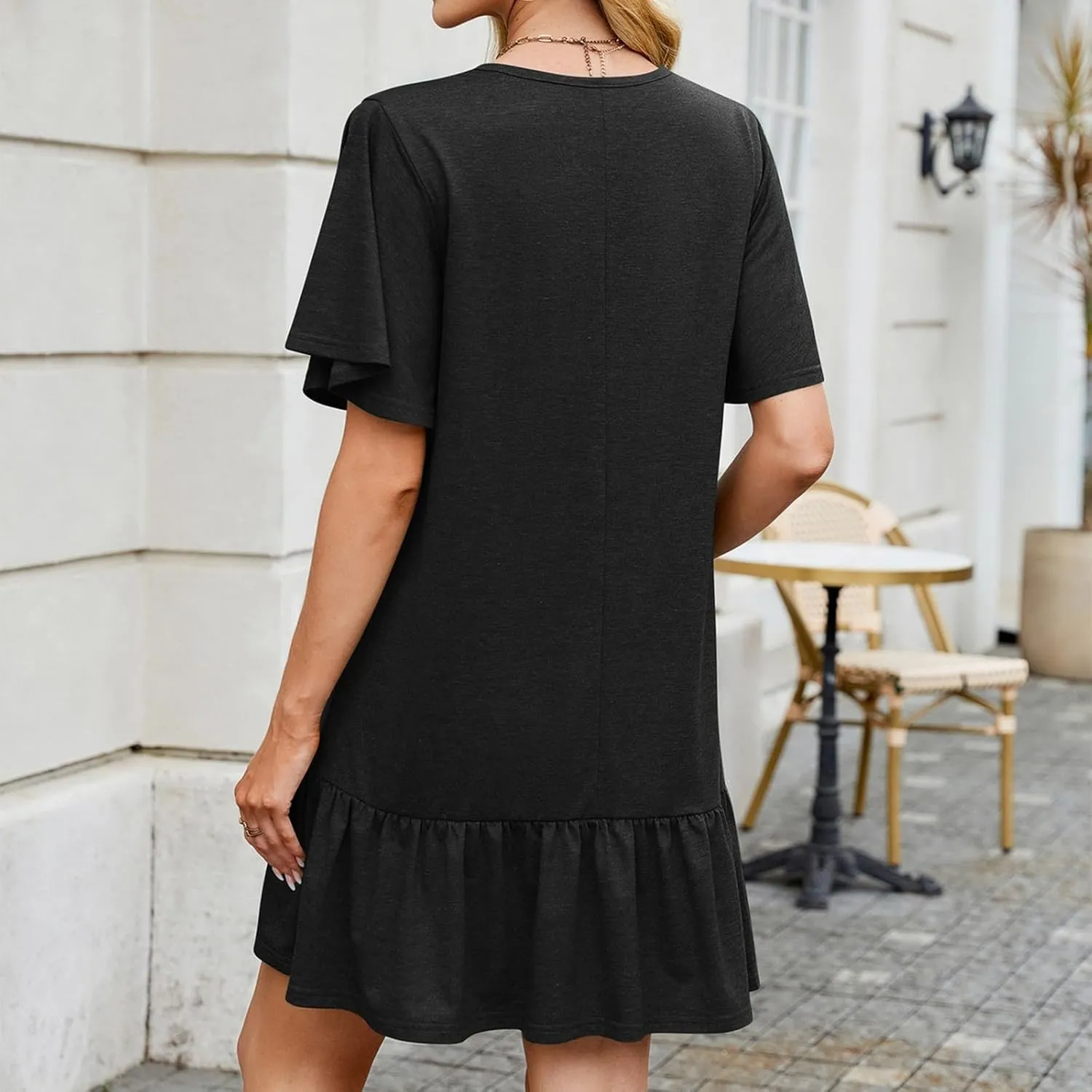 Summer Dresses for Women 2025 Short Sleeve Tshirt Dress Ruffle Hem Solid Loose Pleated Smock Mini Dresses