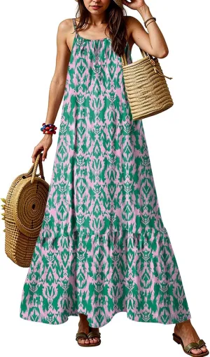 Summer Maxi Dresses for Women 2025 Adjustable Spaghetti Strap Boho Floral Beach Sundress Vintage Flowy Vacation Dress