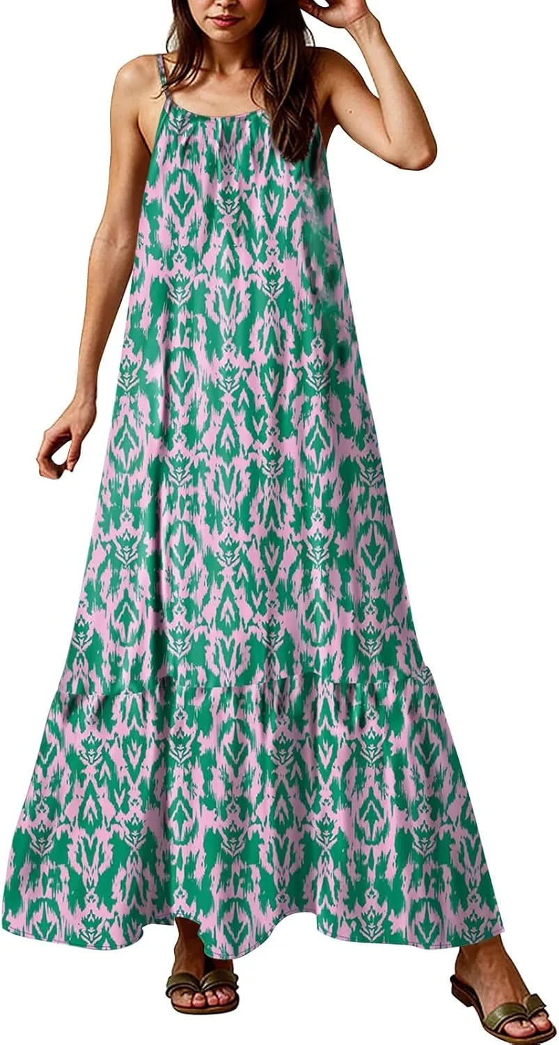Summer Maxi Dresses for Women 2025 Adjustable Spaghetti Strap Boho Floral Beach Sundress Vintage Flowy Vacation Dress