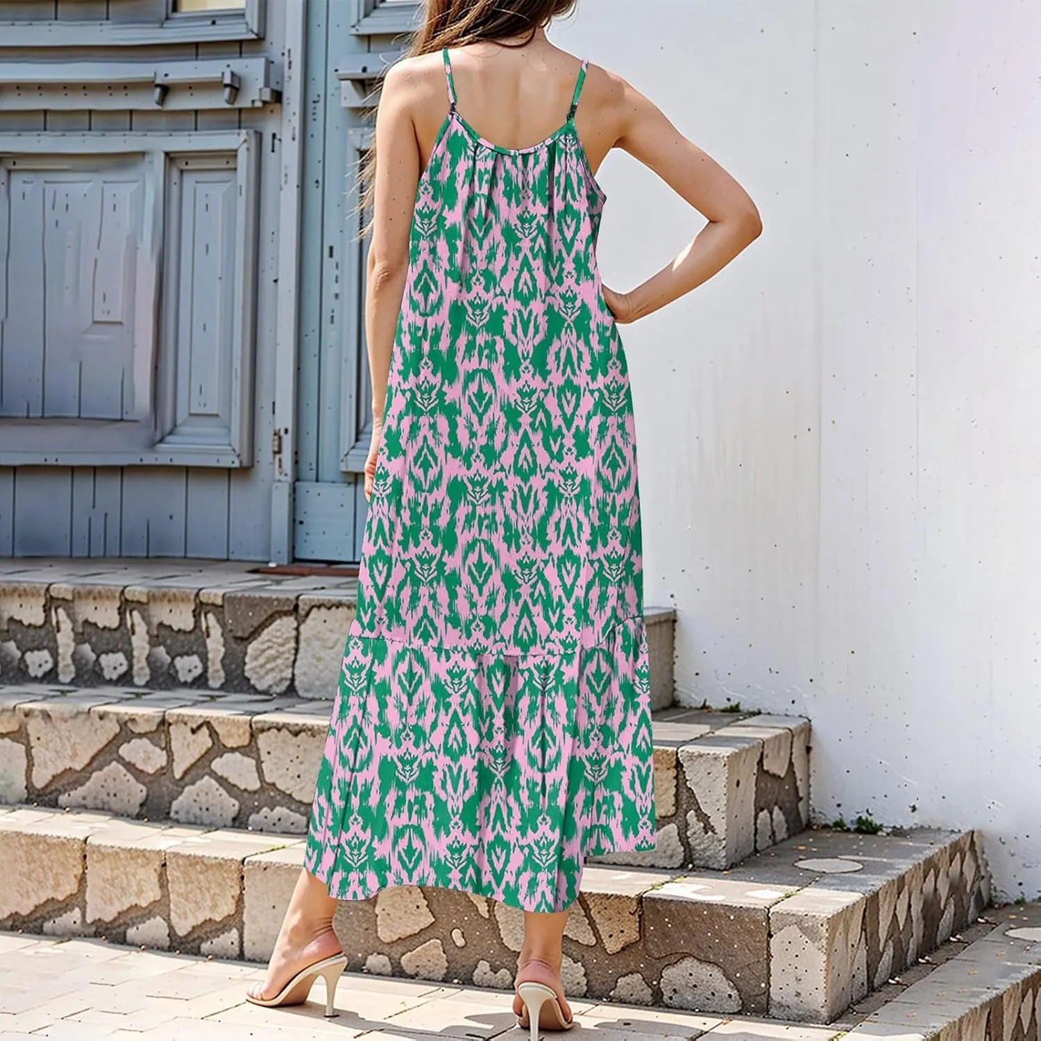 Summer Maxi Dresses for Women 2025 Adjustable Spaghetti Strap Boho Floral Beach Sundress Vintage Flowy Vacation Dress
