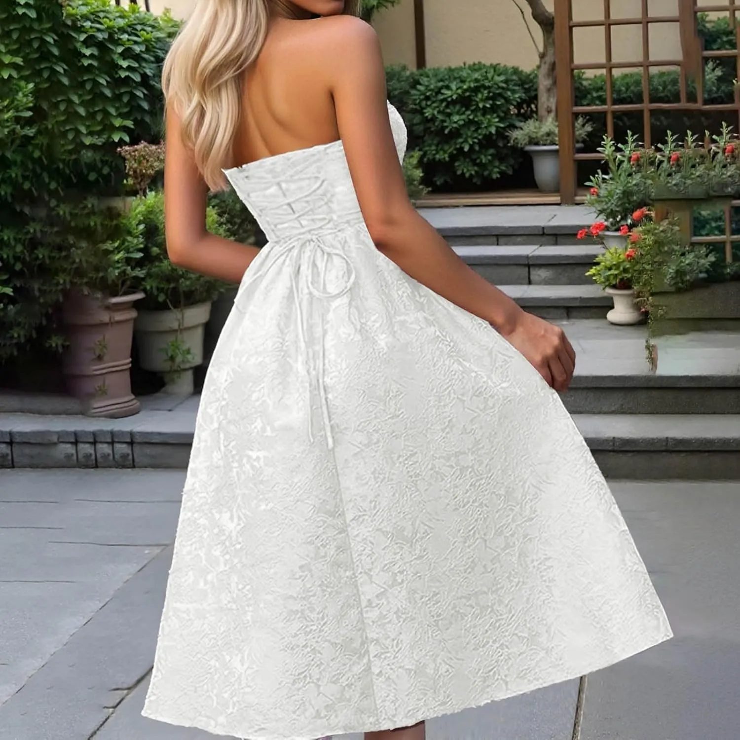 Summer Strapless Floral Homecoming Dresses with Pocket Corset A Line Midi Cocktail Plus Size Dresses for