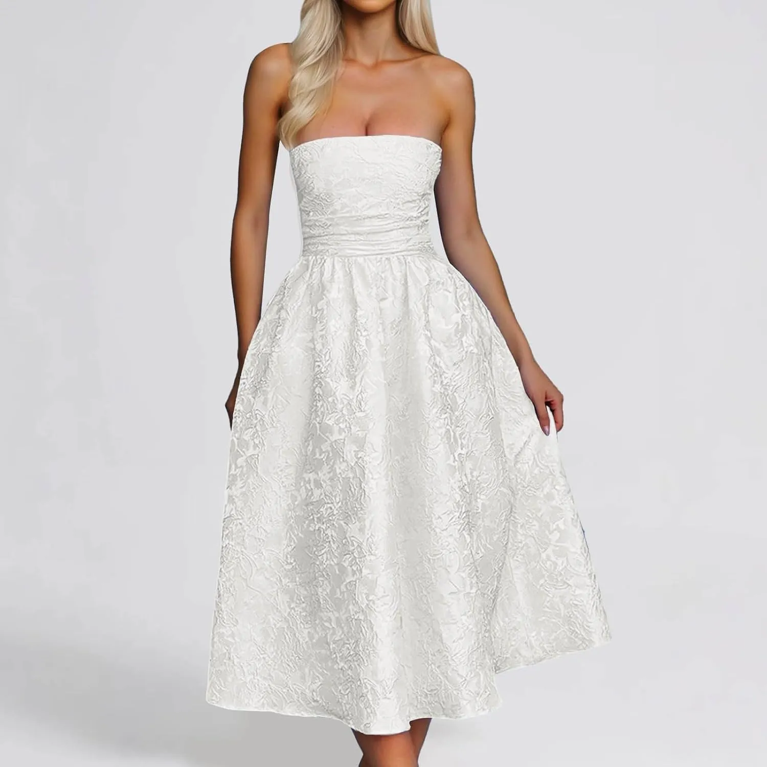 Summer Strapless Floral Homecoming Dresses with Pocket Corset A Line Midi Cocktail Plus Size Dresses for
