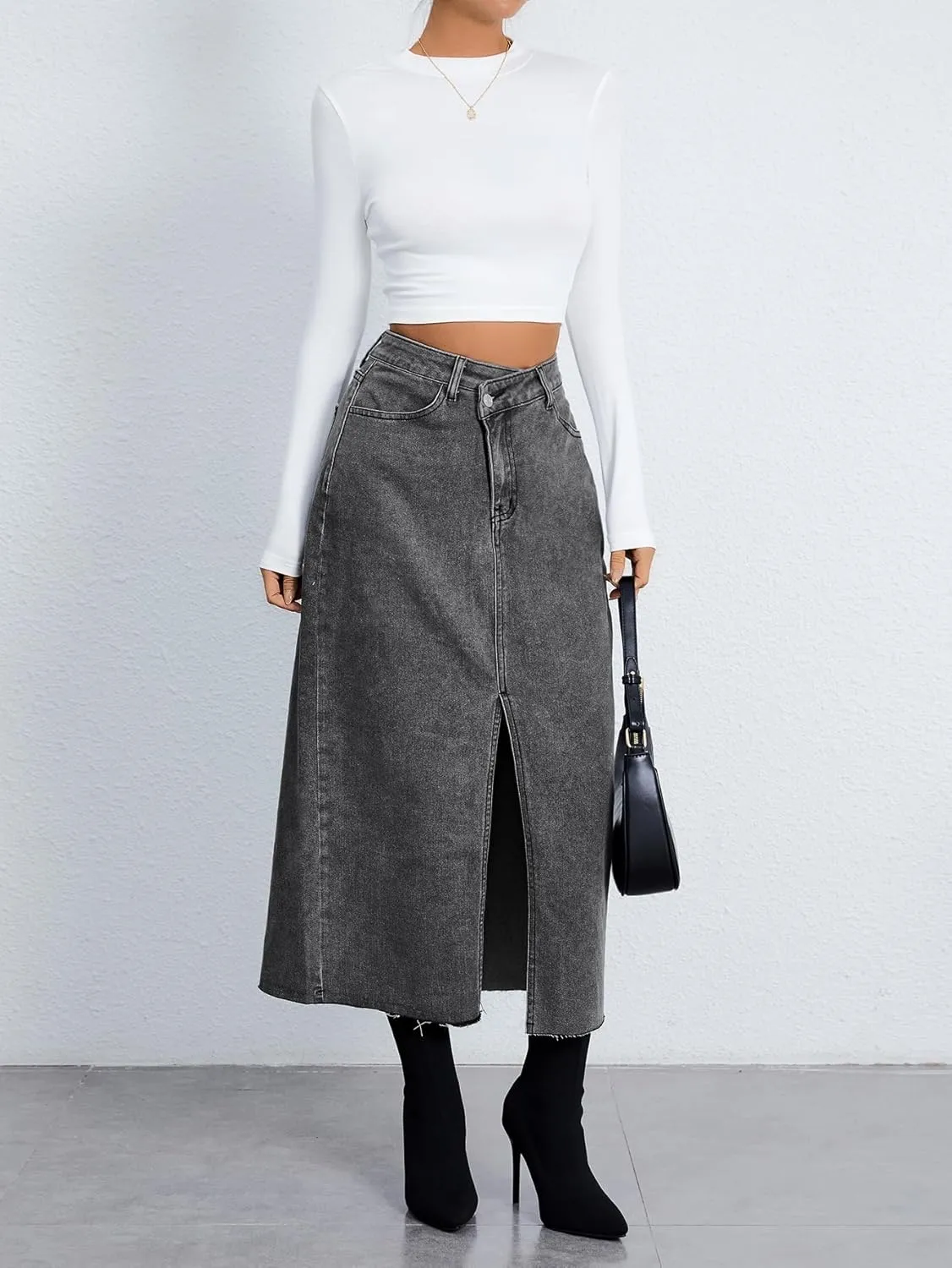 SweatyRocks Women's Casual High Waist Denim Skirt Split Hem Raw Trim Midi Jean Skirts