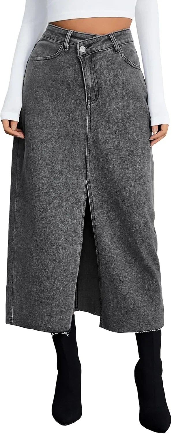 SweatyRocks Women's Casual High Waist Denim Skirt Split Hem Raw Trim Midi Jean Skirts