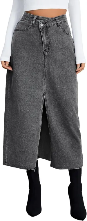 SweatyRocks Women's Casual High Waist Denim Skirt Split Hem Raw Trim Midi Jean Skirts