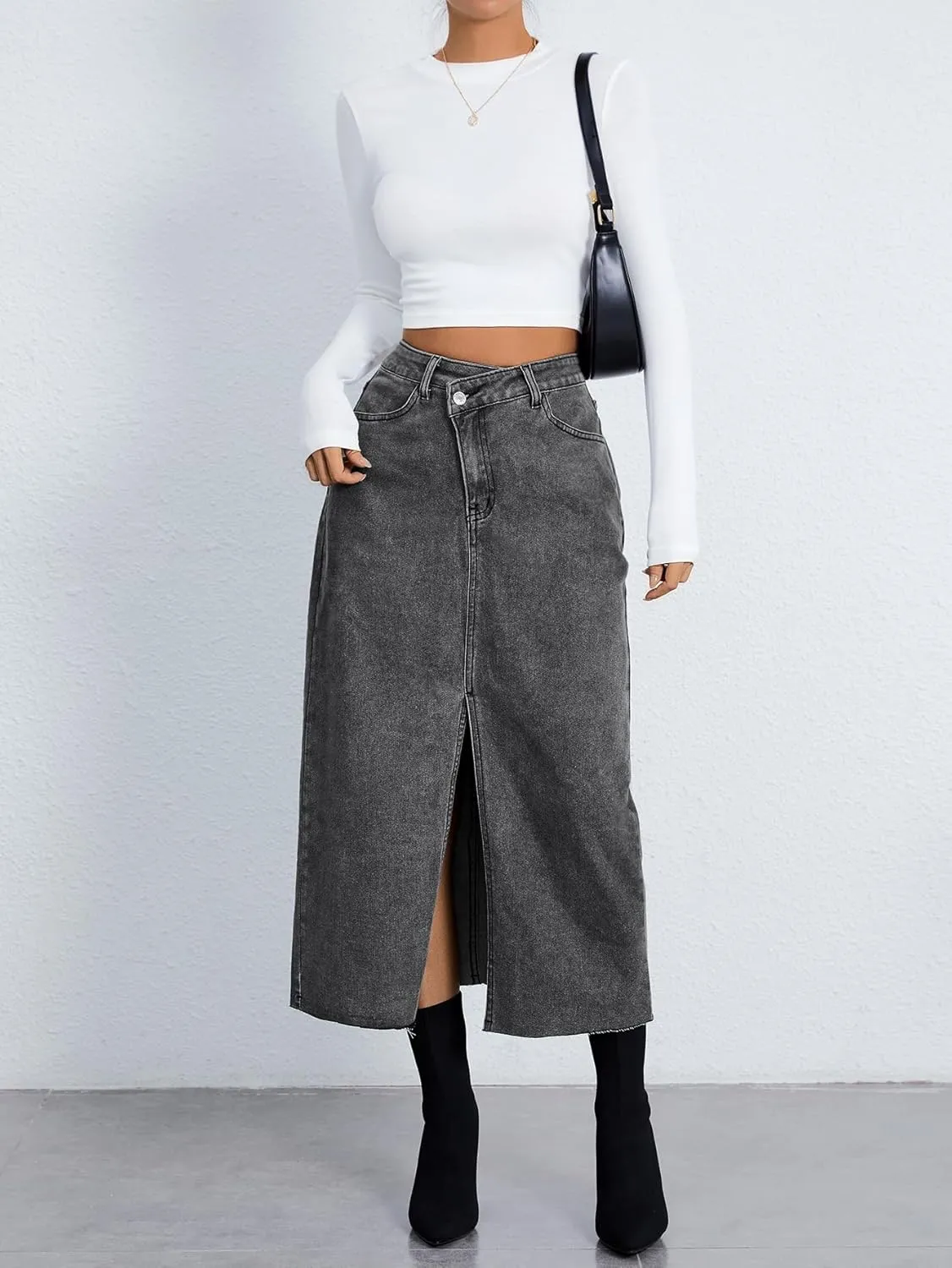 SweatyRocks Women's Casual High Waist Denim Skirt Split Hem Raw Trim Midi Jean Skirts