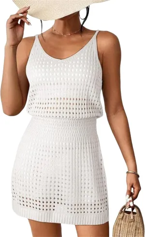 Swimsuit Coverup for Women Casual Crochet Hollow Out Knit Beach Bathing Suit Swim Cover Ups Summer Mini Vacation Dresses