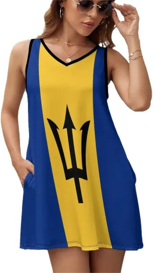 TAIZIYEAH Elegant Casual Barbados Flag Sleeveless Sundress for Women Girl's Summer Sun Beach L