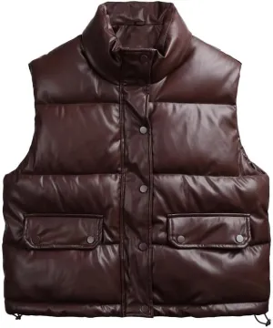 Tanderin Womens Puffer Vest Faux Leather Zip Up Sleeveless Winter Cropped Puffer Jacket