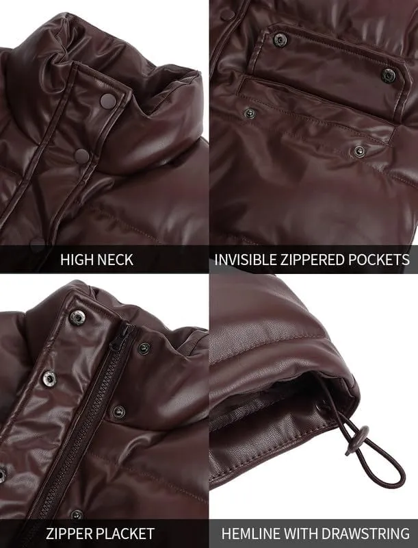 Tanderin Womens Puffer Vest Faux Leather Zip Up Sleeveless Winter Cropped Puffer Jacket