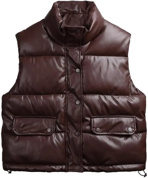 Tanderin Womens Puffer Vest Faux Leather Zip Up Sleeveless Winter Cropped Puffer Jacket