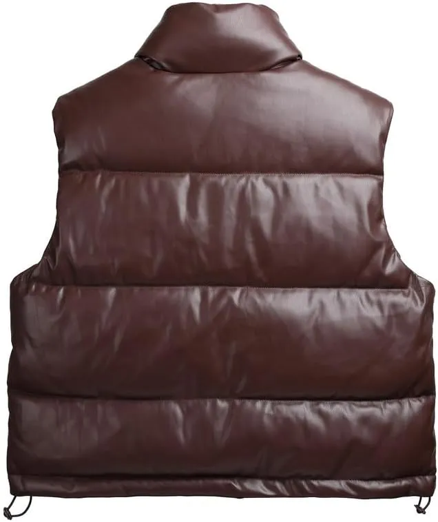 Tanderin Womens Puffer Vest Faux Leather Zip Up Sleeveless Winter Cropped Puffer Jacket