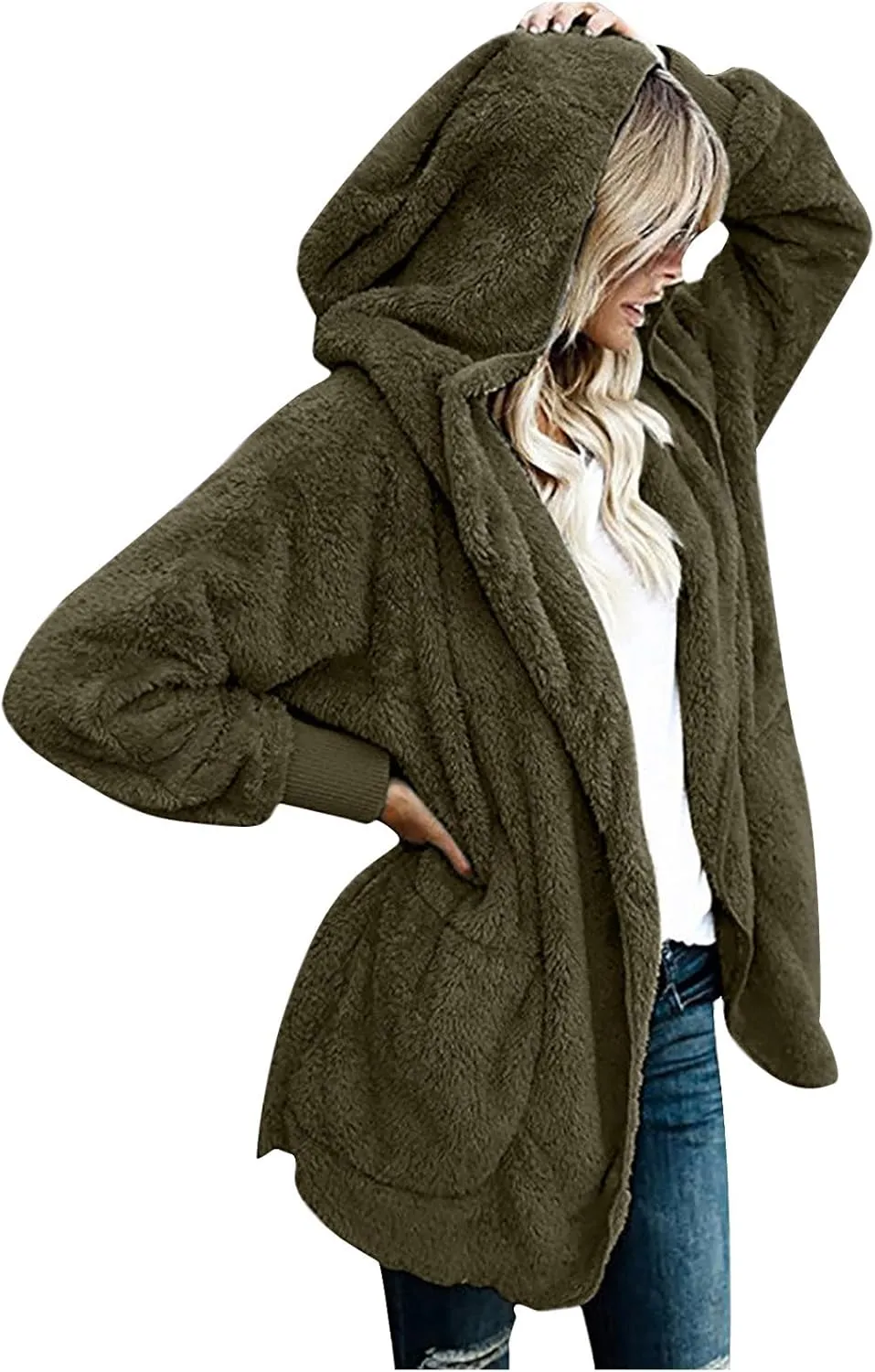 TANGNADE Sherpa Jacket Women with Hood Fleece Fuzzy Hooded Casual Coats Winter Cardigan Open Front Coat Outwear