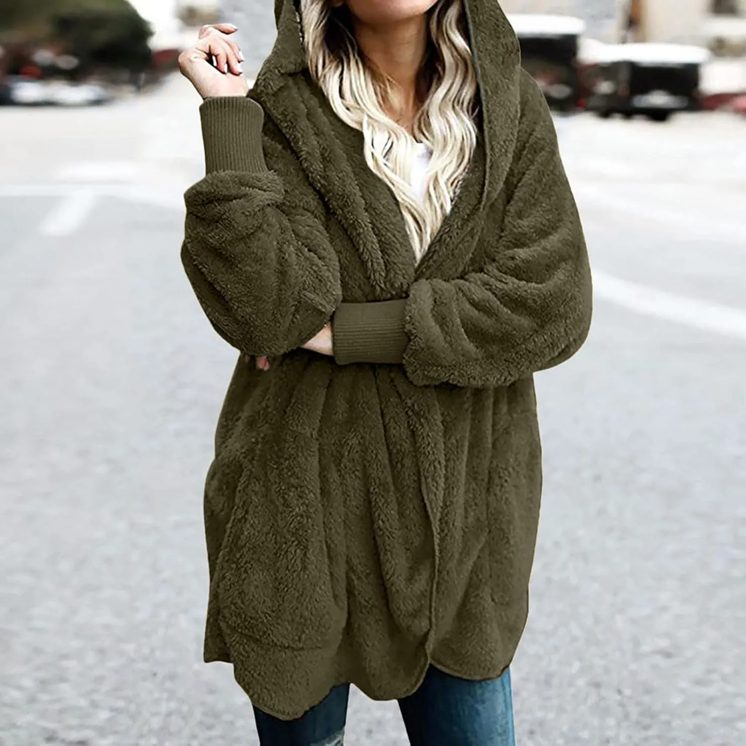 TANGNADE Sherpa Jacket Women with Hood Fleece Fuzzy Hooded Casual Coats Winter Cardigan Open Front Coat Outwear