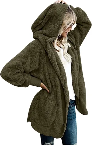 TANGNADE Sherpa Jacket Women with Hood Fleece Fuzzy Hooded Casual Coats Winter Cardigan Open Front Coat Outwear
