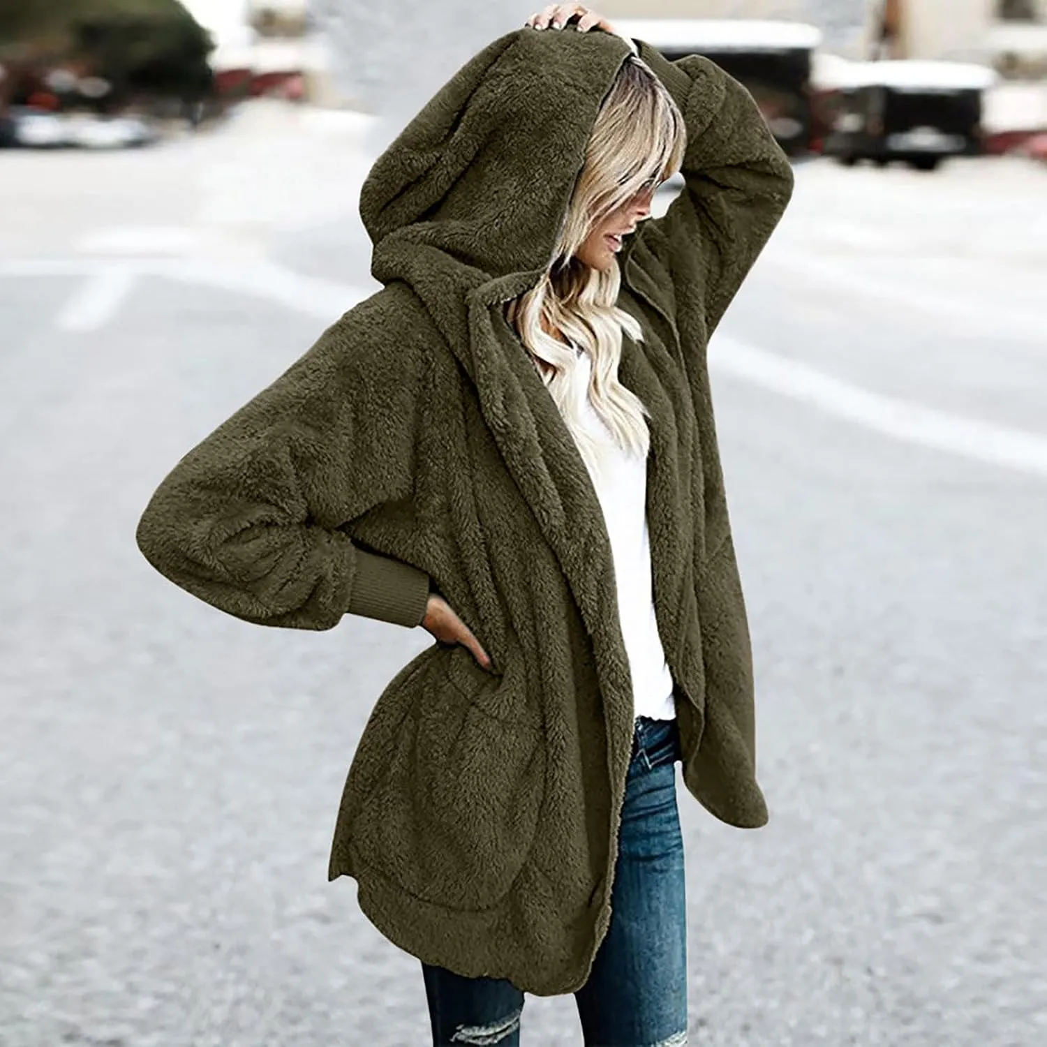 TANGNADE Sherpa Jacket Women with Hood Fleece Fuzzy Hooded Casual Coats Winter Cardigan Open Front Coat Outwear