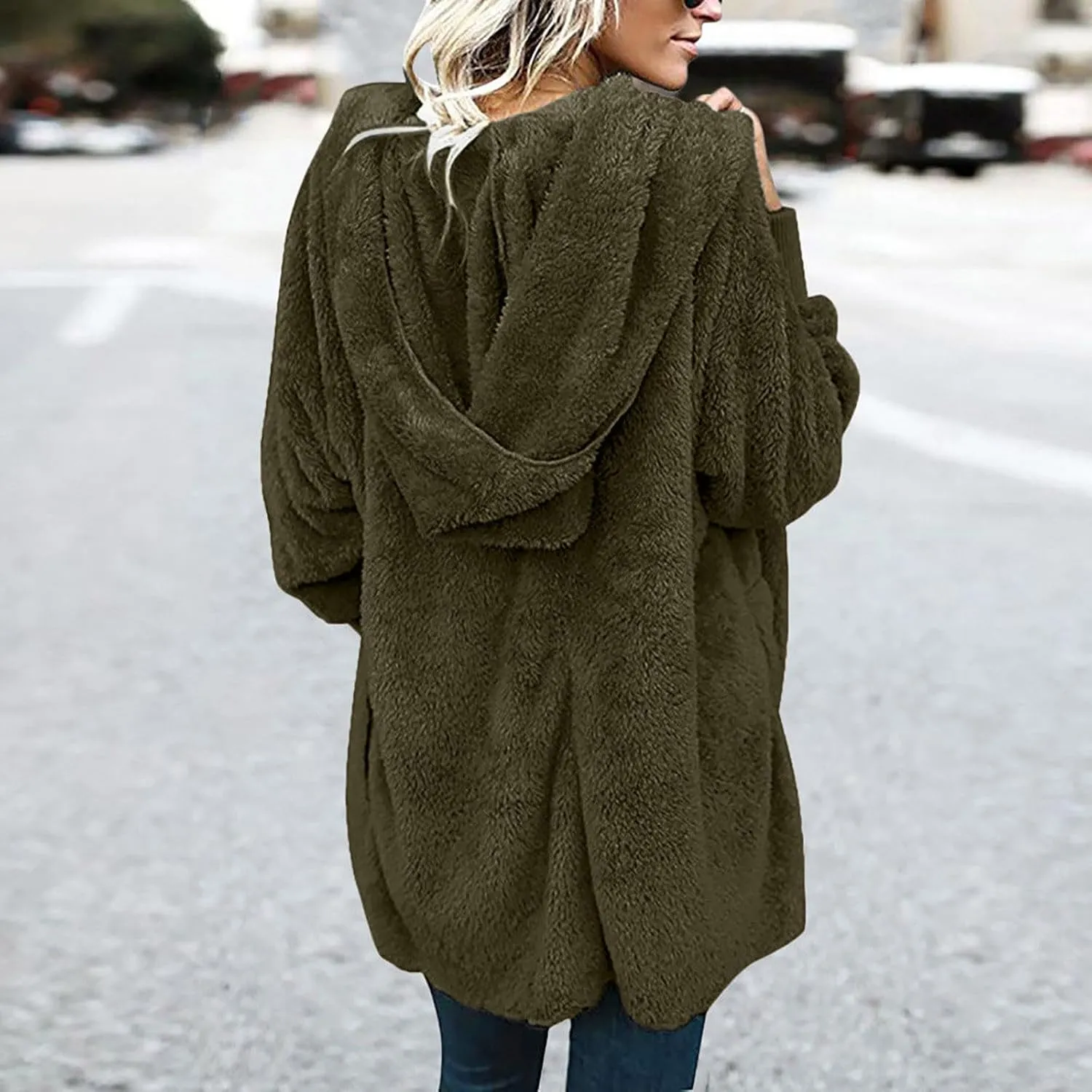 TANGNADE Sherpa Jacket Women with Hood Fleece Fuzzy Hooded Casual Coats Winter Cardigan Open Front Coat Outwear