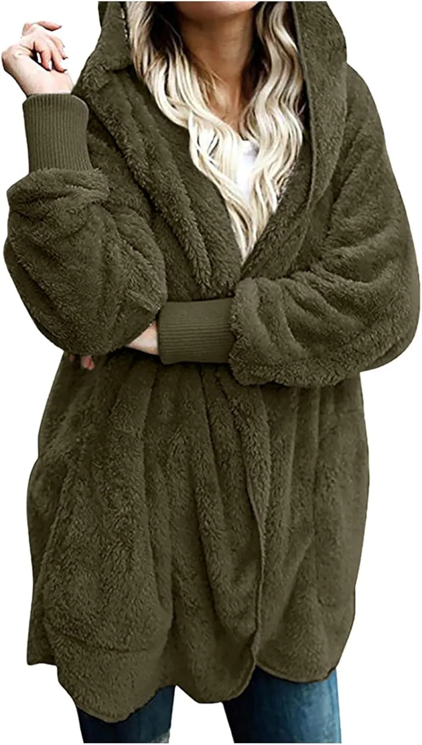 TANGNADE Sherpa Jacket Women with Hood Fleece Fuzzy Hooded Casual Coats Winter Cardigan Open Front Coat Outwear