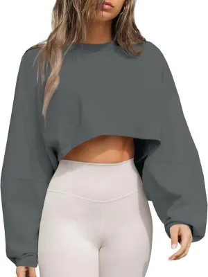 Tankaneo Womens Long Ballon Sleeve Sweatshirts Tops Cropped Crew Neck Loose Fit Casual Workout Shirts
