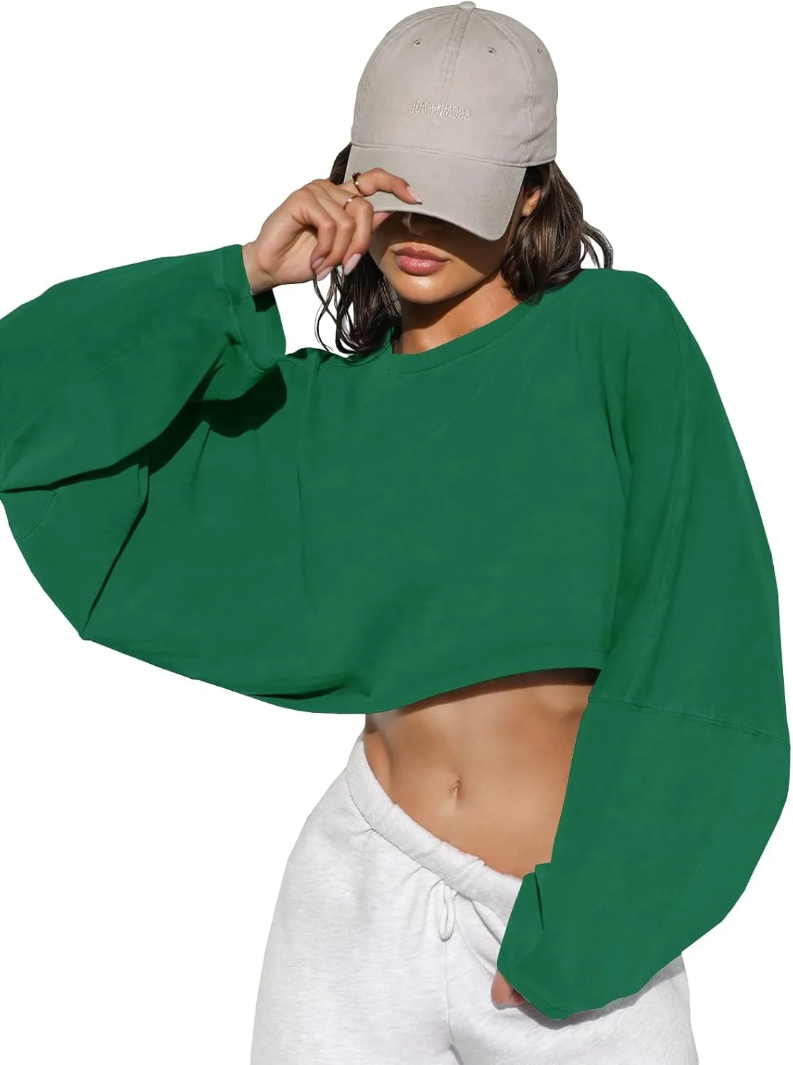 Tankaneo Womens Long Ballon Sleeve Sweatshirts Tops Cropped Crew Neck Loose Fit Casual Workout Shirts