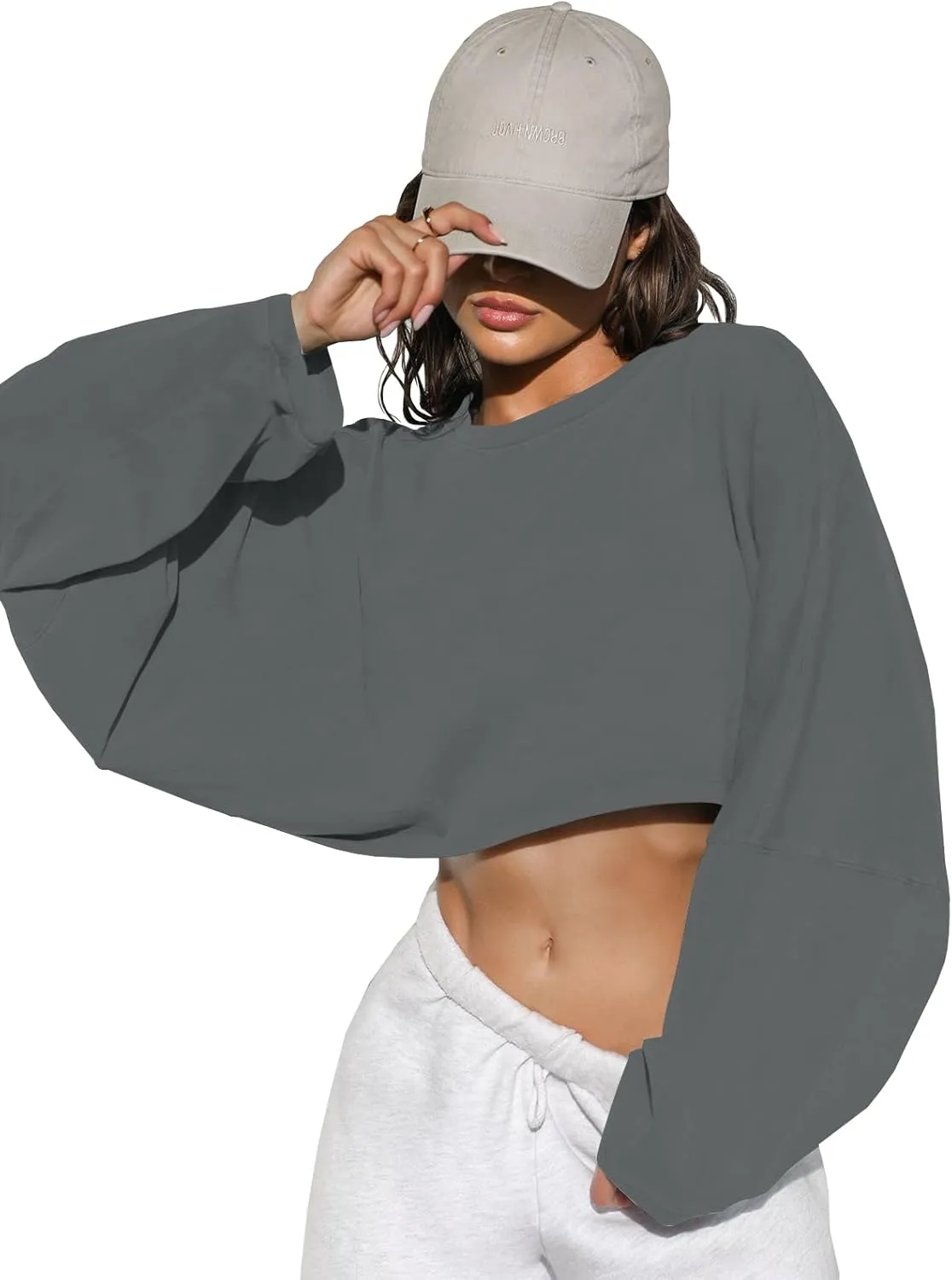 Tankaneo Womens Long Ballon Sleeve Sweatshirts Tops Cropped Crew Neck Loose Fit Casual Workout Shirts