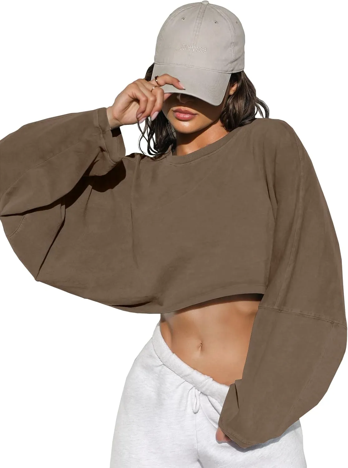 Tankaneo Womens Long Ballon Sleeve Sweatshirts Tops Cropped Crew Neck Loose Fit Casual Workout Shirts