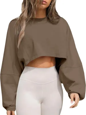 Tankaneo Womens Long Ballon Sleeve Sweatshirts Tops Cropped Crew Neck Loose Fit Casual Workout Shirts