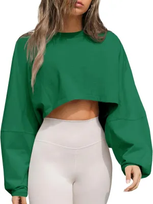 Tankaneo Womens Long Ballon Sleeve Sweatshirts Tops Cropped Crew Neck Loose Fit Casual Workout Shirts