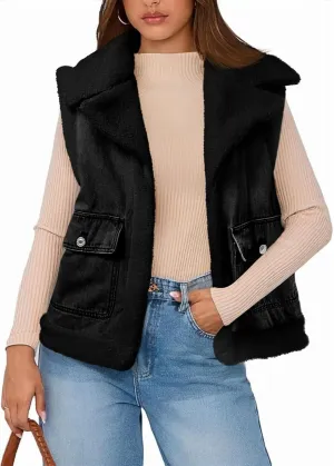 Tankaneo Womens Sherpa Denim Vest Oversized Fleece Lined Sleeveless Jean Jacket Winter Fuzzy Outerwear