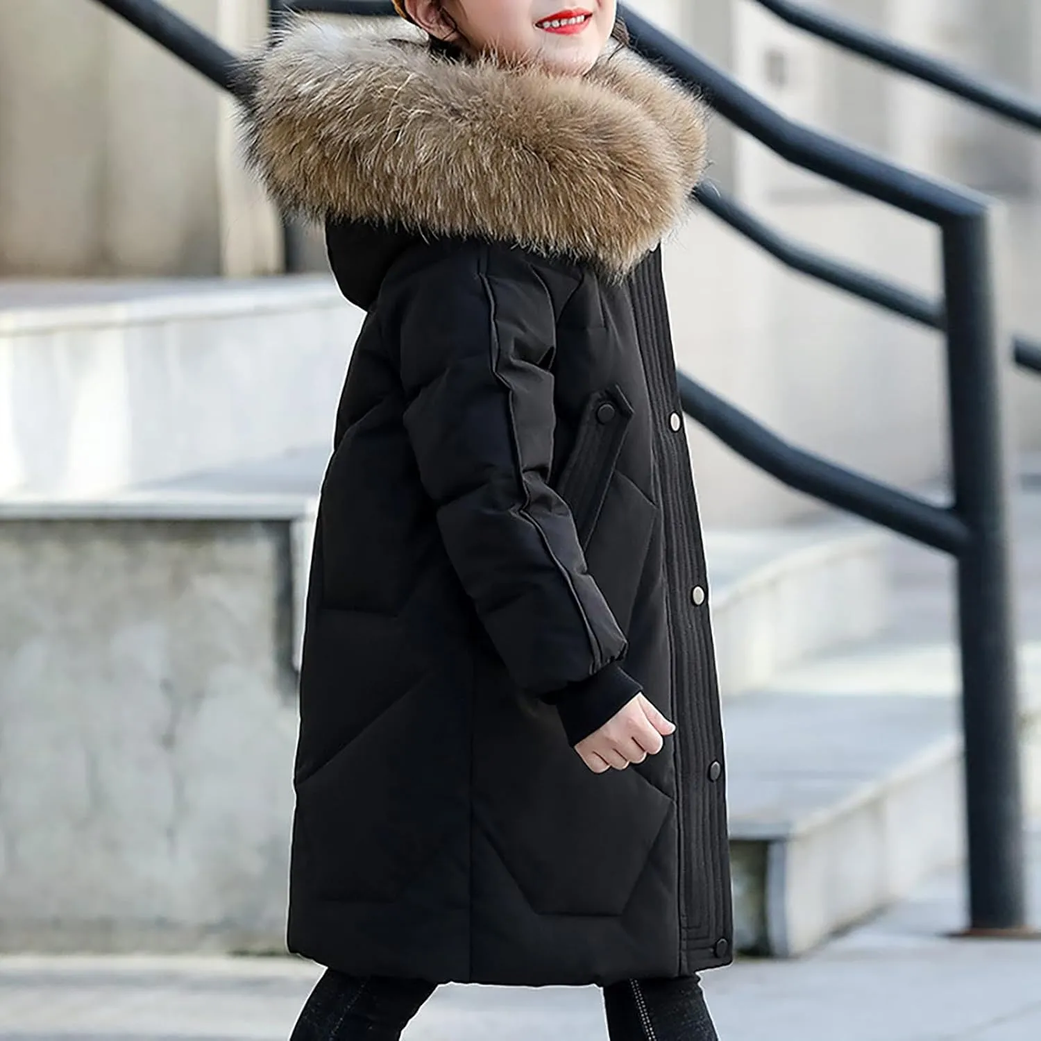 Teens Girls Long Heavyweight Puffer Jacket with Fur Hood Kids Fashion Thick Padded Down Jacket Winter Warm Outwear