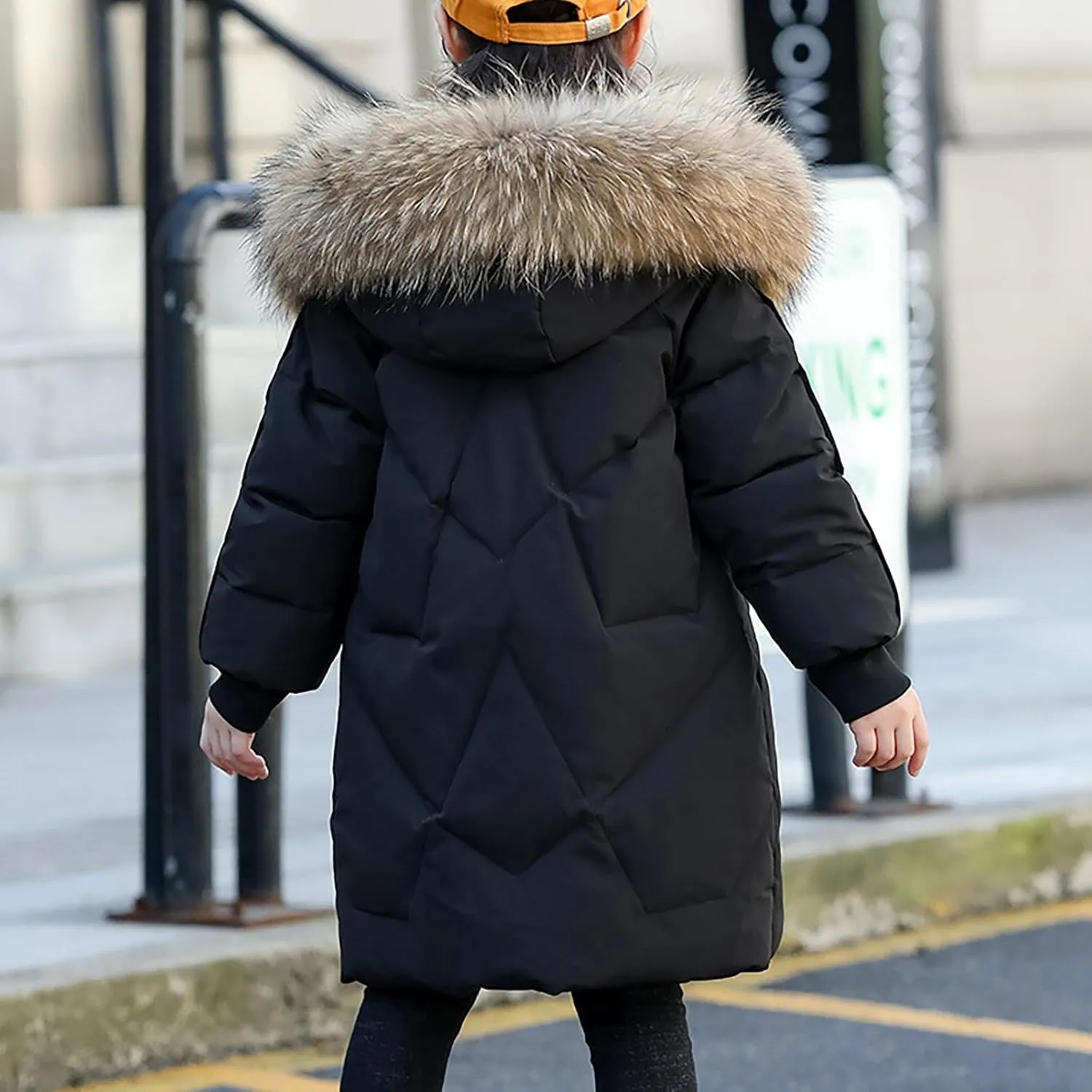 Teens Girls Long Heavyweight Puffer Jacket with Fur Hood Kids Fashion Thick Padded Down Jacket Winter Warm Outwear