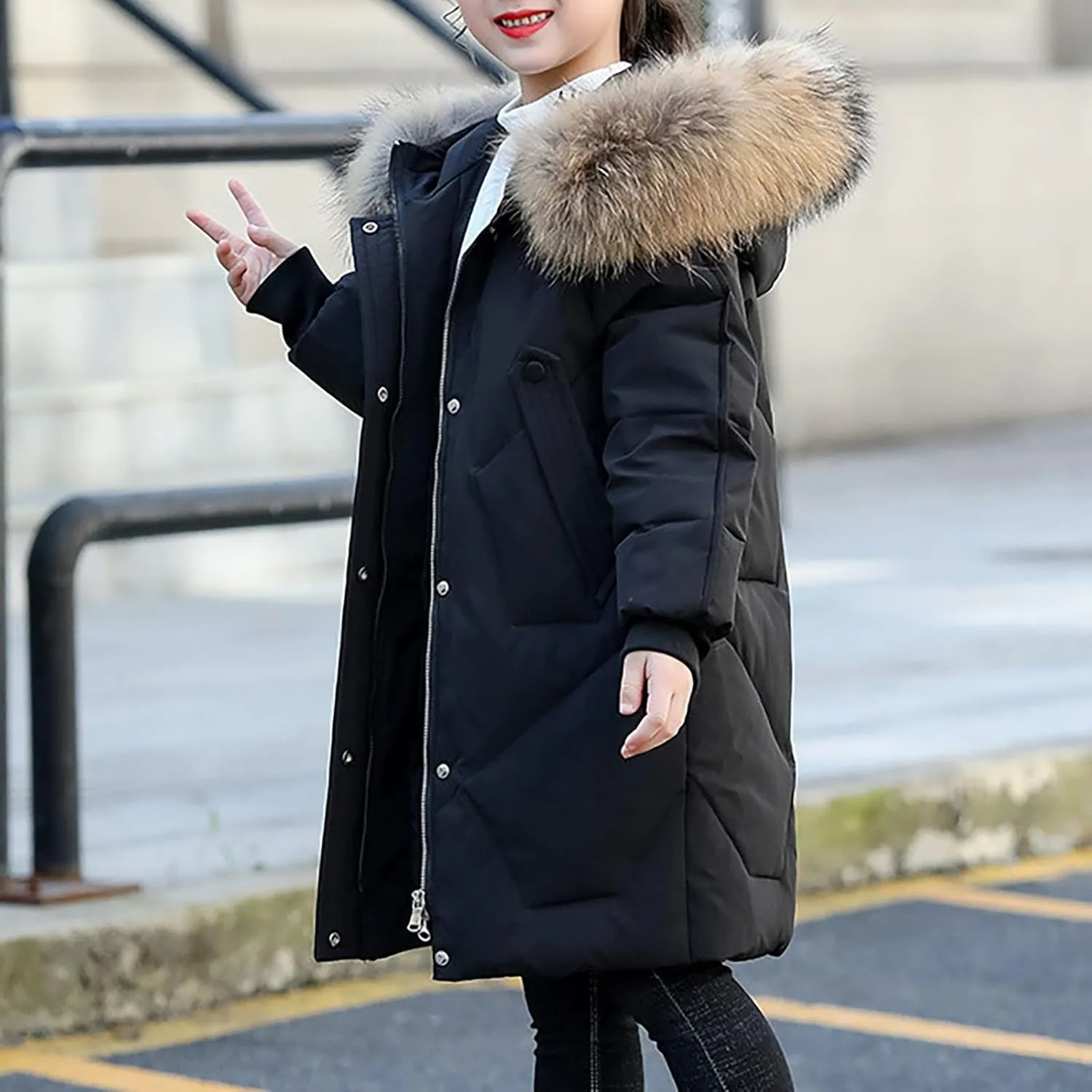 Teens Girls Long Heavyweight Puffer Jacket with Fur Hood Kids Fashion Thick Padded Down Jacket Winter Warm Outwear