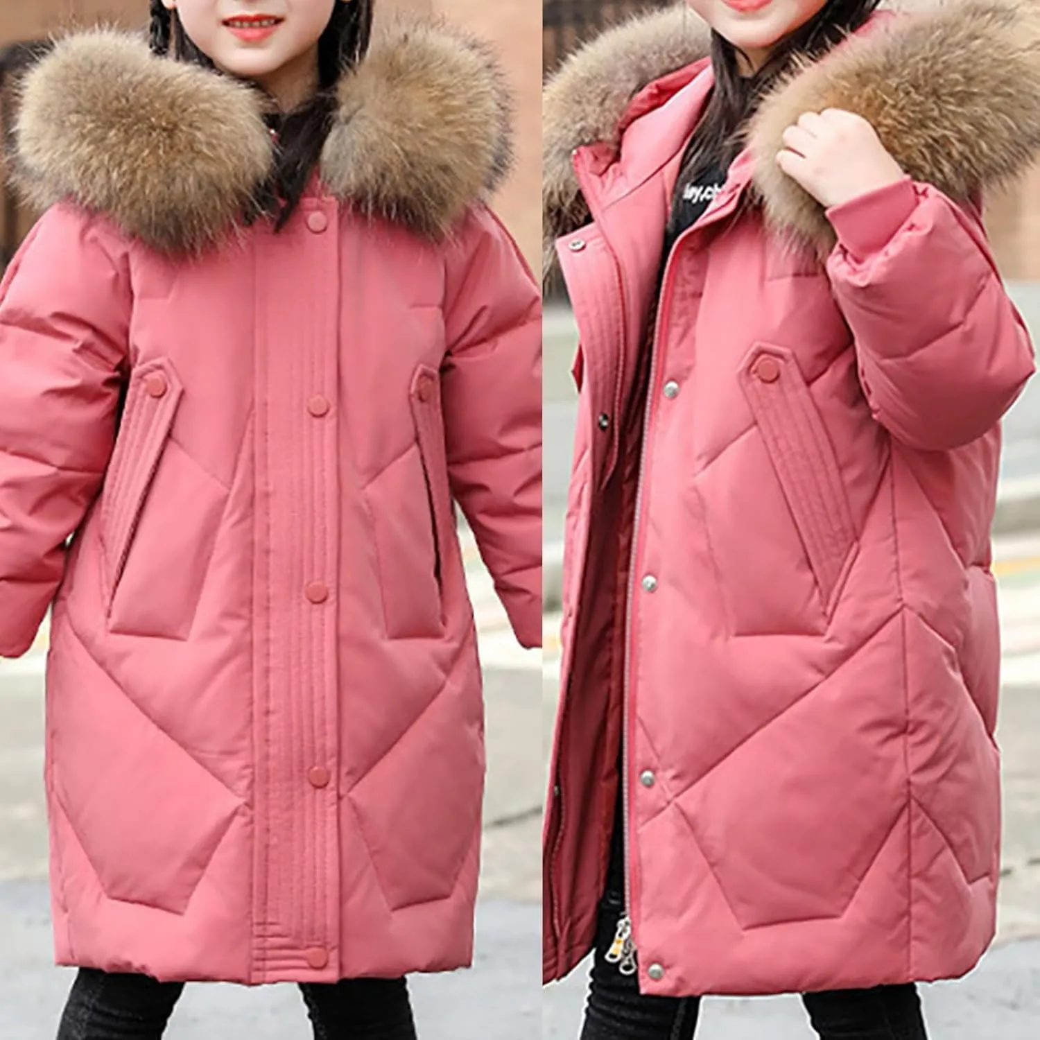 Teens Girls Long Heavyweight Puffer Jacket with Fur Hood Kids Fashion Thick Padded Down Jacket Winter Warm Outwear
