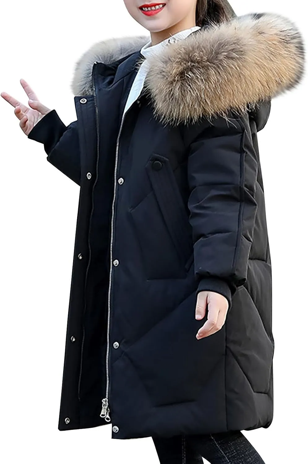 Teens Girls Long Heavyweight Puffer Jacket with Fur Hood Kids Fashion Thick Padded Down Jacket Winter Warm Outwear