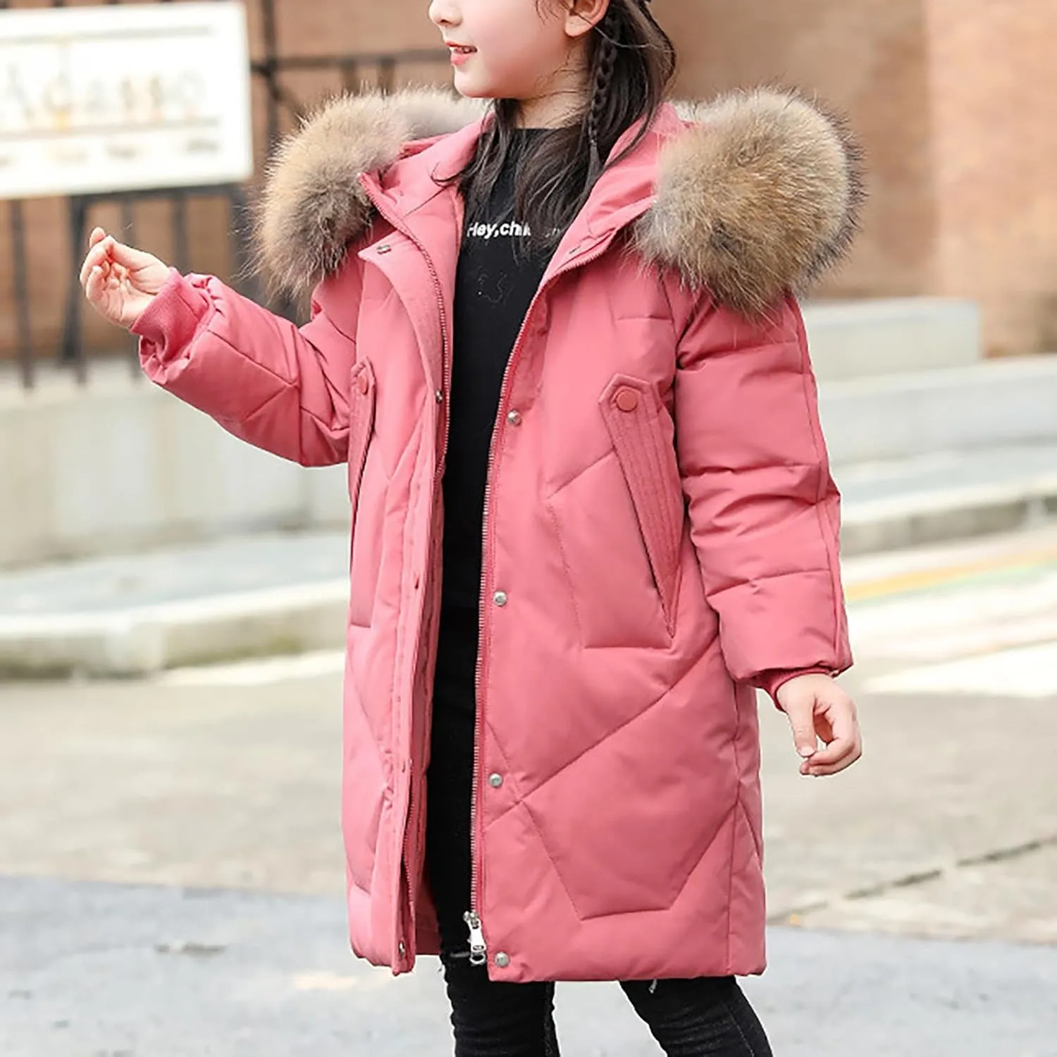 Teens Girls Long Heavyweight Puffer Jacket with Fur Hood Kids Fashion Thick Padded Down Jacket Winter Warm Outwear
