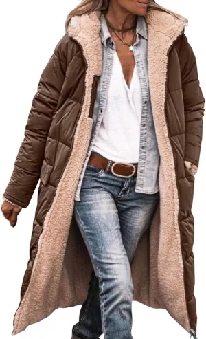 Thatrich Long Puffer Coat Women Casual Reversible Fleece Jacket Coats Loose Fit Windbreaked Winter Oversized Outfits Hooded