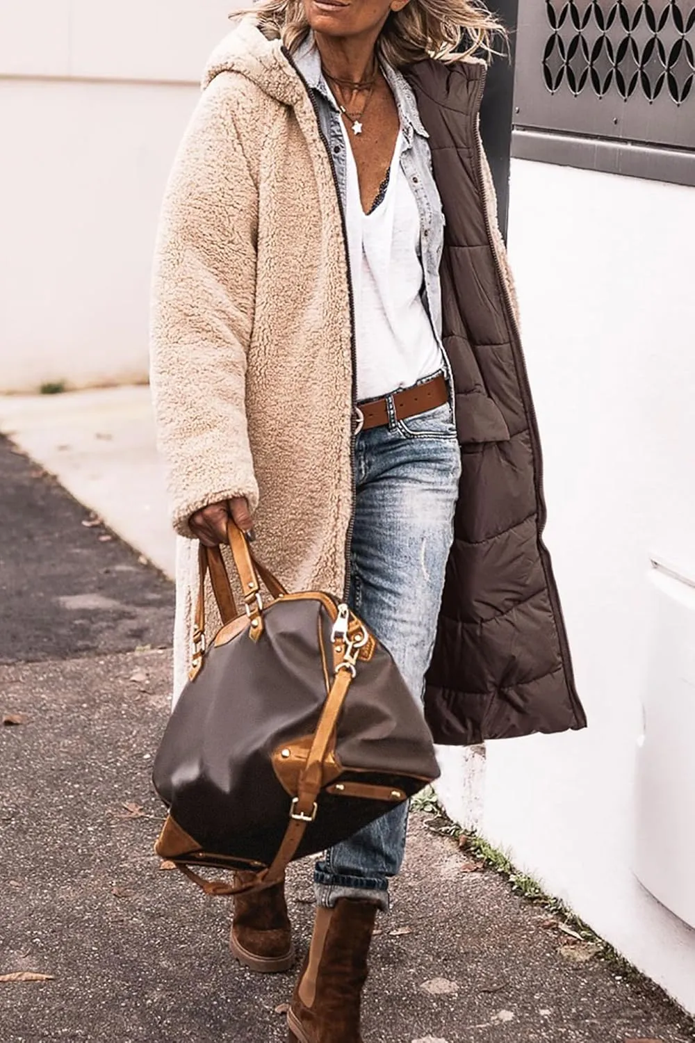 Thatrich Long Puffer Coat Women Casual Reversible Fleece Jacket Coats Loose Fit Windbreaked Winter Oversized Outfits Hooded