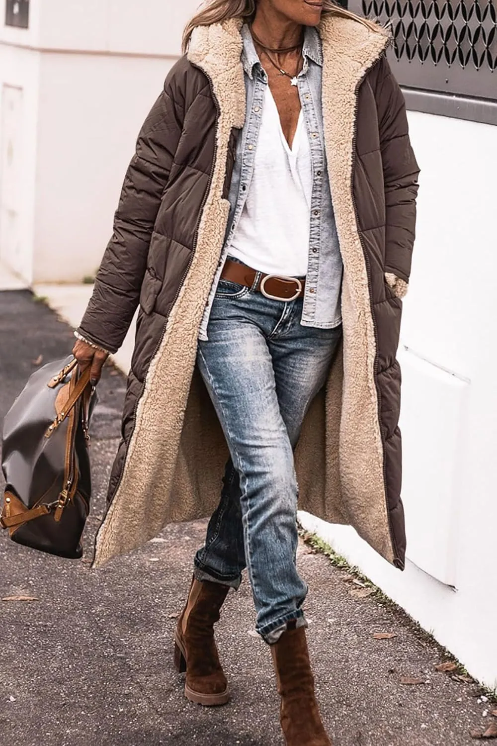 Thatrich Long Puffer Coat Women Casual Reversible Fleece Jacket Coats Loose Fit Windbreaked Winter Oversized Outfits Hooded