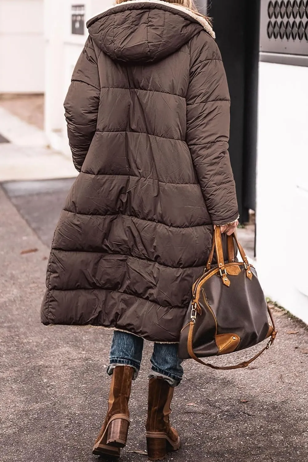 Thatrich Long Puffer Coat Women Casual Reversible Fleece Jacket Coats Loose Fit Windbreaked Winter Oversized Outfits Hooded