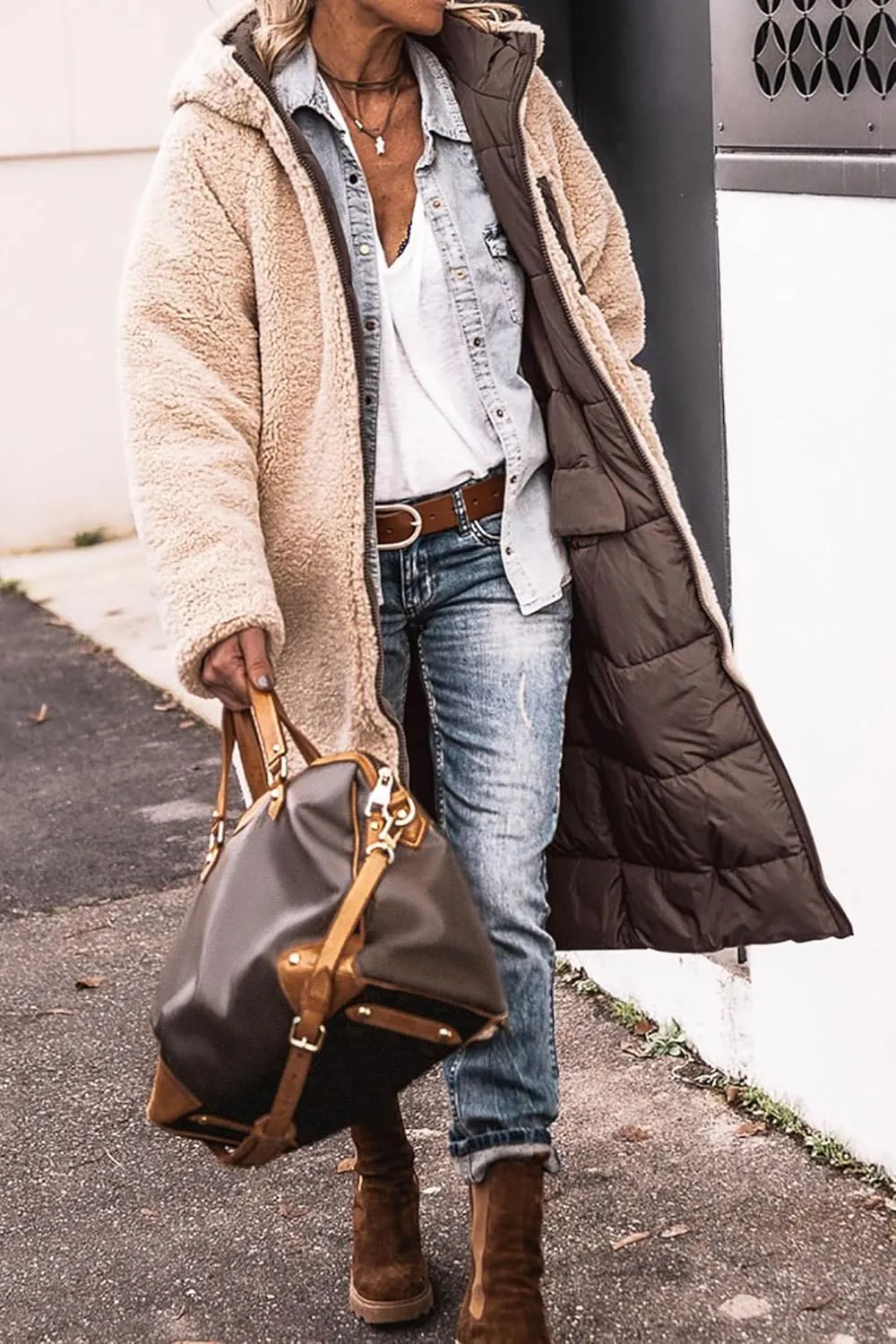 Thatrich Long Puffer Coat Women Casual Reversible Fleece Jacket Coats Loose Fit Windbreaked Winter Oversized Outfits Hooded