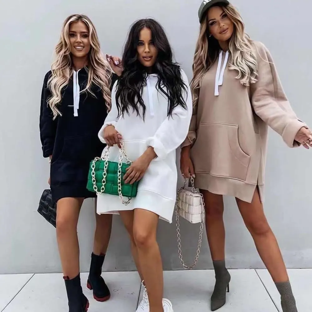 The Warmy Oversized Hoodie Dress Women, Split Hem Sweatshirt, First Ones Women's Long Sleeve Pullover with Pockets