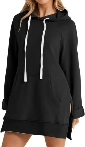 The Warmy Oversized Hoodie Dress Women, Split Hem Sweatshirt, First Ones Women's Long Sleeve Pullover with Pockets