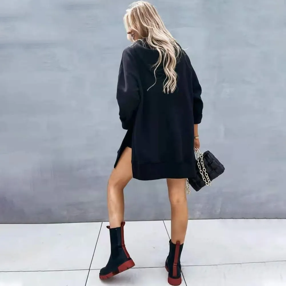 The Warmy Oversized Hoodie Dress Women, Split Hem Sweatshirt, First Ones Women's Long Sleeve Pullover with Pockets